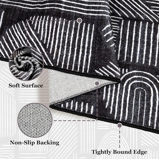 MUJOO 2x3 Washable Rug,Mid Century Modern Abstract Non Slip Low Pile Small Area Rug,Black and White Rug for Entryway Bathroom Kitchen Bedroom