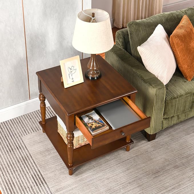 2-Set Solid Wood End Table with Drawer and Storage Shelf, Anne Queen Designed Beside Table with Solid Wood Roman Legs, Square Accent Tables and Meeting Table for Living Room, Bedroom Cherry Brown