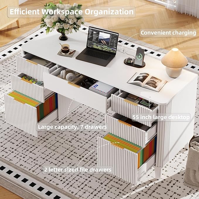 White Desk with Drawers, 55" Fluted Executive Desk with Storage Cabinet, Wood Home Office Desk with File Cabinet, Modern Computer Writing Desk for Study, Living Room, Bedroom