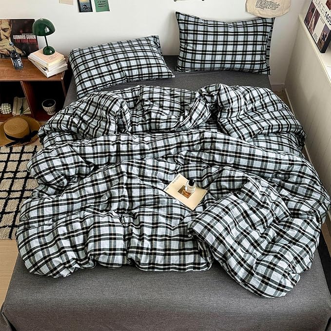 mixinni Vintage Grey & Pale Blue Buffalo Plaid Duvet Cover Set Twin XL Size - 3 Piece Washed Cotton Bedding Set with Grid Pattern, Soft & Breathable Duvet Cover with Pillowcases for Boys, Men& Women