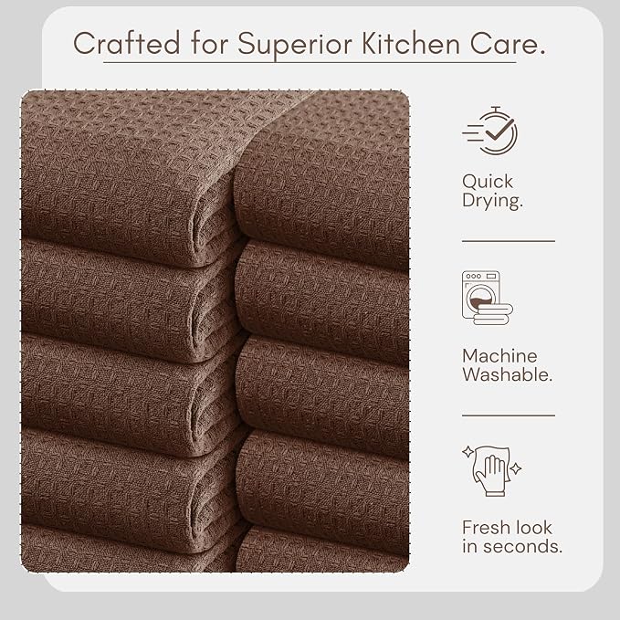 TWINY threads Kitchen Towels Set of 12, 16x26 Inches, 100% Cotton Waffle Weave Dish Towels, Soft and Super Absorbent Hand Towel with Hanging Loop for Kitchen, Daily Use, Brown