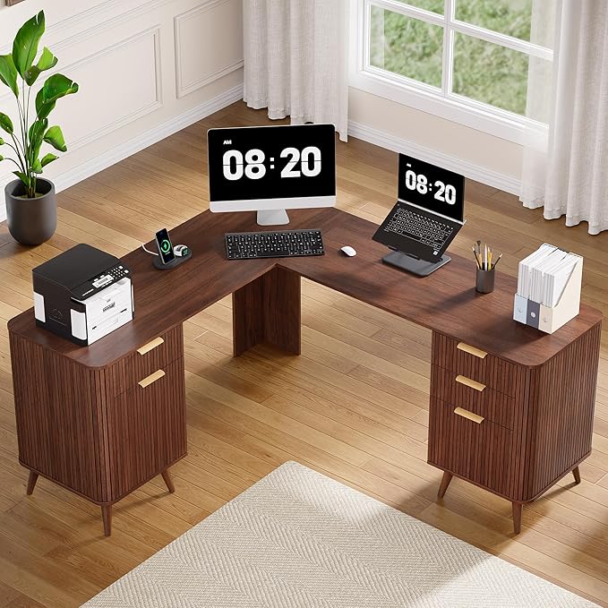 67" Fluted L Shaped Desk with File Drawer, Executive Home Office Desk with Power Outlet & Type-C Port, Corner Computer Desk with 3 Storage Drawers and Cabinet, Writing Desk for Study, Walnut