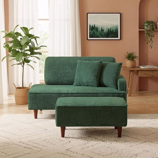 GDFStudio Upholstered Chaise Lounge Chair Indoor with Ottoman, Boucle Fabric Chaise Chair with 2 Throw Pillows and Solid Wood Legs, Recliner Lounge Chair for Office Living Room Bedroom, Green