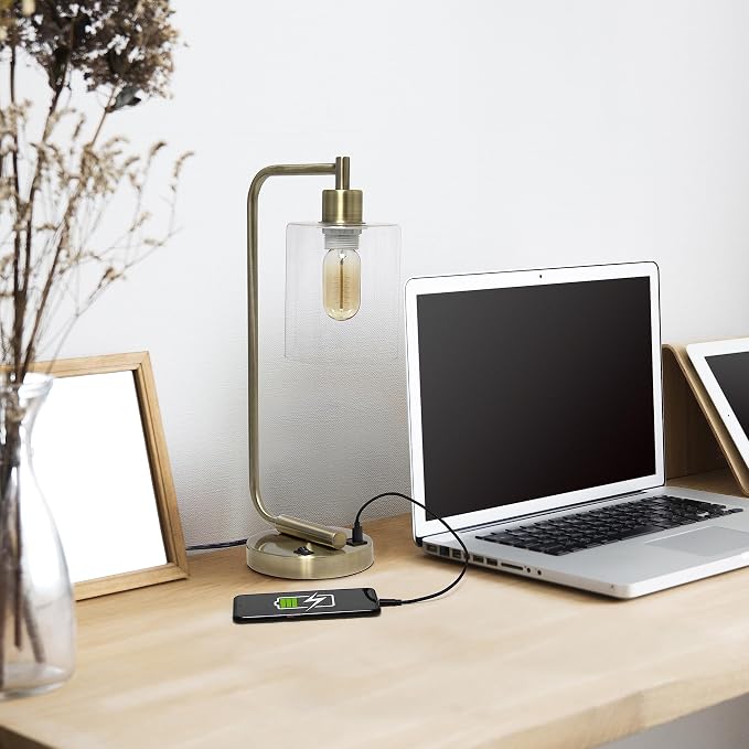 Simple Designs LD1066-ABS-LB Industrial Vintage Bronson Iron Lantern Desk Table Lamp with USB Port and Glass Cylinder Shade for Office, Living Room, Bedroom, Antique Brass, With Feit LED Bulb Included