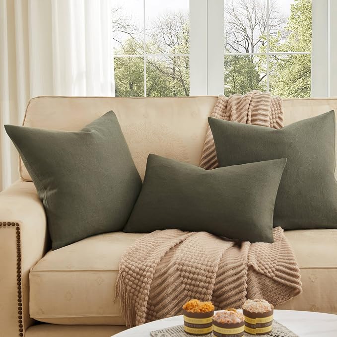 ZeeMart Rustic Cotton Linen Lumbar Throw Pillow Covers Set of 2, 12x20 Inch Olive, Farmhouse Style Decorative Couch Pillow Cases Cushion Covers for Sofa Bed Living Room Home Decor