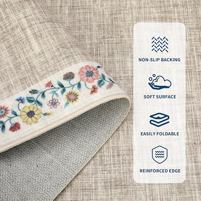GarveeHome 10x13 Machine Washable Rugs for Living Room Large Area Rug Modern Floral Indoor Accent Carpet Low Pile Carpet Soft Throw Aesthetic Floor Cover for Bedroom Laundry Dining Room, Light Camel