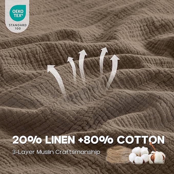 Simple&Opulence Linen Muslin Duvet Cover Set Twin Size, 3Pcs Brown Linen Cotton 3-Layer Gauze Minimalist Comforter Cover 68”x86”, Ultra Soft Breathable Seersucker Bedding Set with 1 Pillowcase