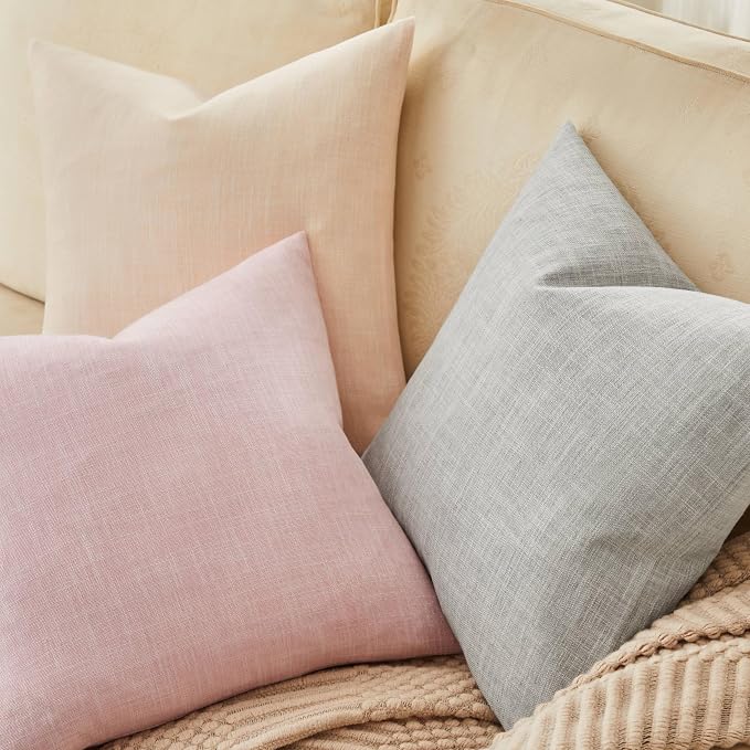 ZeeMart Rustic Cotton Linen Throw Pillow Covers Set of 2, 18x18 Inch Light Grey, Farmhouse Style Decorative Couch Pillow Cases Cushion Covers for Sofa Bed Living Room Home Decor