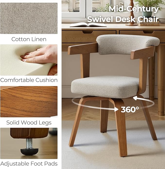 Art Leon Office Chair No Wheels - Mid Century Modern Desk Chair, Fabric Upholstered Accent Arm Chair with Wood Legs for Small Spaces Home Office Living Room Bedroom Study, Off White/Walnut