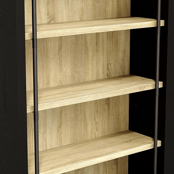 Homsee Traditional 86.6-inch Tall Bookcase Wall with Ladder, 6-Tier Office Bookshelf Storage Organizer, Display Shelf Unit for Home Office, Living Room, Black & Wood Grain
