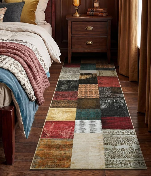 YIHOUSE Mid Century Modern Vintage Cowboy Runner Rug 2x6,Retro Patchwork Bedroom Rug,Red and Brown Floral Farmhouse Rugs Washable for Hallway Non Slip,Geometric Boho Area Rugs for Living Room