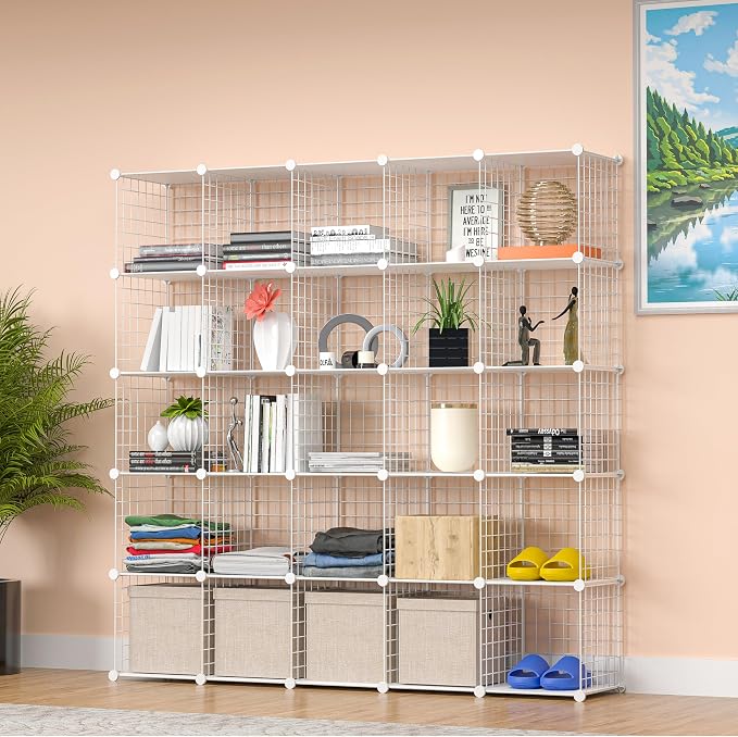 Cube Storage Organizer, Metal 25-Cube Shelves Bookshelf, Portable Closet Clothes Organizer for Bedroom, Home, Office, White