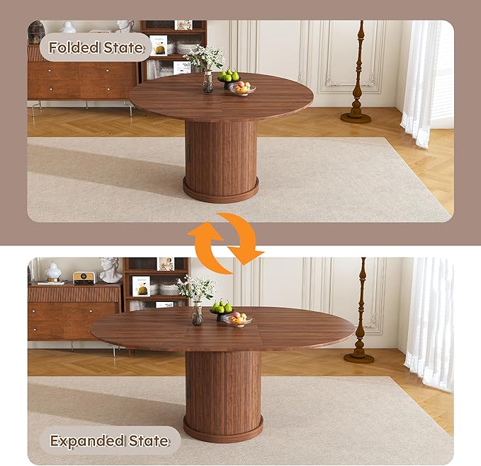 47"-59" Extendable Round Dining Table for 4-6,Mid Century Modern Walnut Wood Grain Table,Storge Kitchen Table with Storage Dining Table with Double Shelves and Sliding Doors for Small Spaces