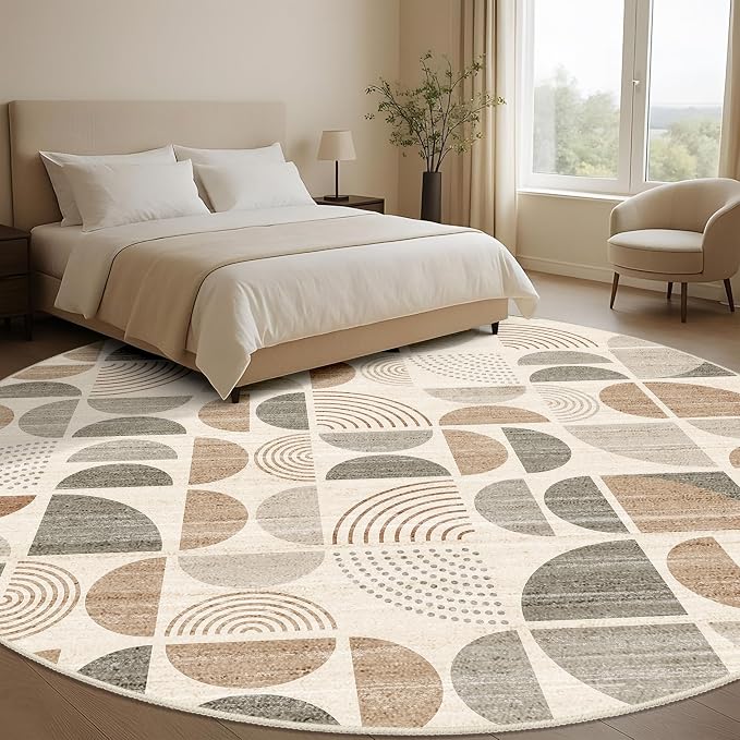 MUJOO Round Rugs 9ft,Circle Area Rug Washable,Circular Rugs for Living Room Dining Room,Large Boho Non Slip Throw Floor Carpet Modern Abstract Bohemian Neutral Beige