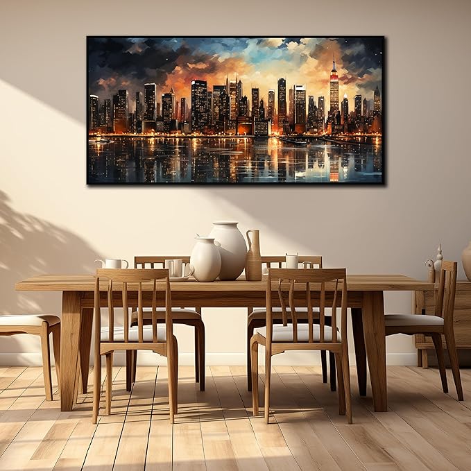 New York Skyline Wall Art for Living Room Modern City Wall Decor for Office Black Framed Wall Art 29 x 58 Inch