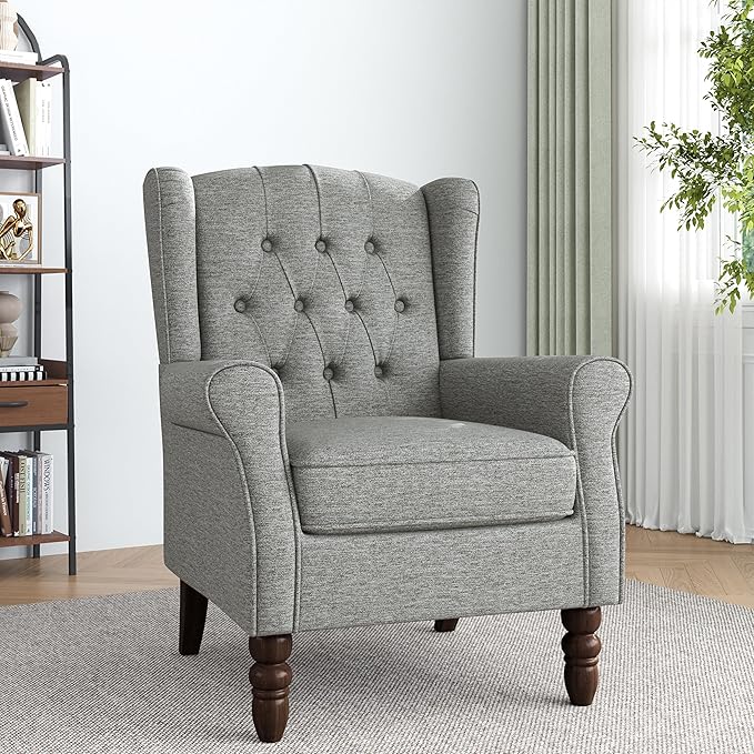Accent Chair, High Back Upholstered Chair with Button Tufted, Mid-Century Modern Comfy Wingback Chair Reading Armchair in Fabric for Living Room for Bedroom, Office-Light Gray