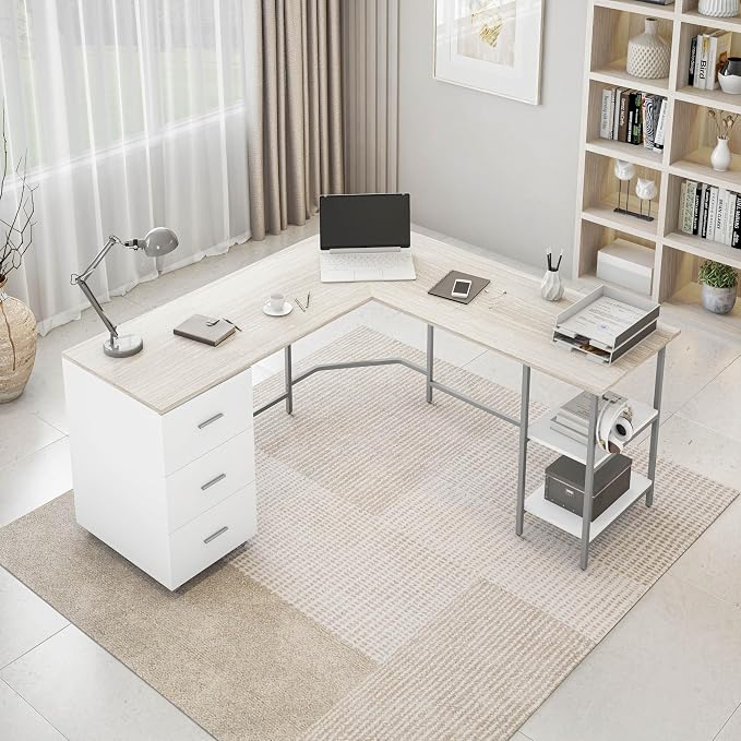 Techni Mobili L Shaped Desk - Two-Toned Computer Desk with Drawers & Storage Shelves - Simple Modern Furniture & Home Office Space Corner Table for Work & Writing