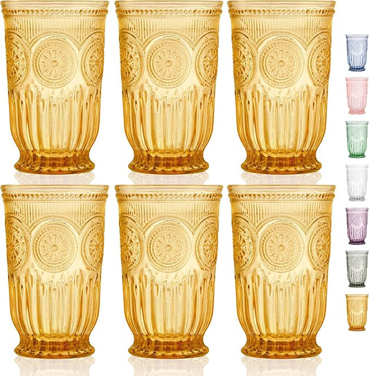 Amber Highball Glasses Set of 6 10 oz Vintage Hobnail Tall Drinking Glasses
