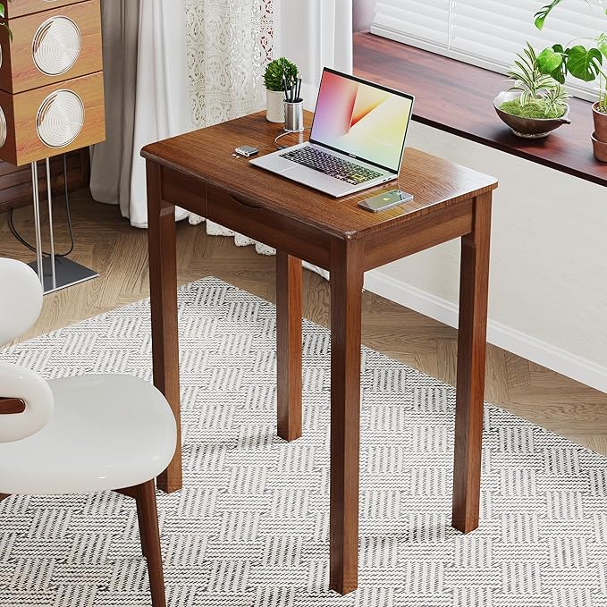 Wood Desk with Drawers - Solid Wood Mid Century Modern Desks for Bedroom, Small Computer Desk for Laptop, Study, Makeup, 23.6 W x 29.5 H x 15.7 D in, Walnut Color