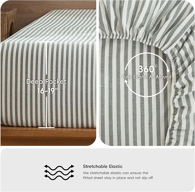 MooMee Striped Sheet Set 100% Washed Cotton Linen Like Textured Breathable Durable Soft Comfy (Heathered Green Classic Stripes, King)