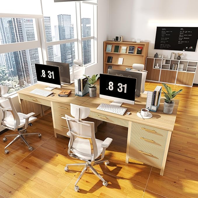 Modern Executive Desk with Drawers: 54" Oak Home Office Desks with File Drawers, Wood Fluted Computer Writing Desk for Work, Study, and Living Room (54")