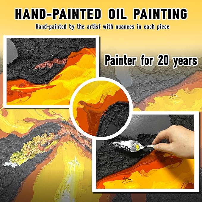 Abstract Lava Flow Canvas Wall Art for Living Room, Black and Gold Yellow Wall-Decor for Bedroom, Modern Textured Volcanic Landscape Paintings for Hallway Office, Size 58x29 Inches Hand Painted