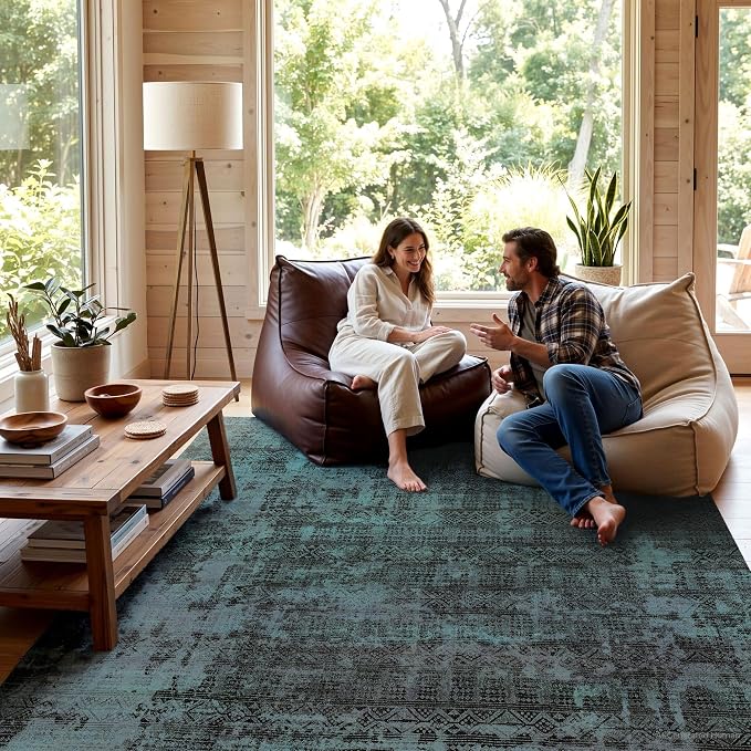 Kokia Abstract Area Rugs Washable Indoor 6x9 Rug Boho Distressed Retro Low Pile Non-Slip Non-Shedding Deep Teal Carpet Bedroom Living Room Dining Room, Ocean Teal