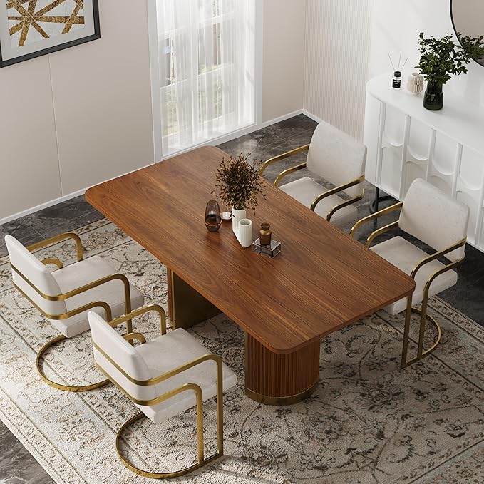AUZ 70" Mid-Century Modern Dining Table for 4-6, Wood Kitchen Table with Fluted Pedestal Base and Brushed Gold Accents, Large Rectangular Farmhouse Dinner Table, Walnut(Table Only)