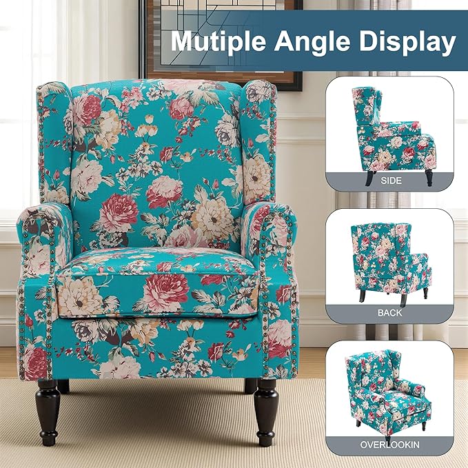 Wingback Chair, High Back Floral Accent Chair in Fabric, Comfy Upholstered Armchair with Nailhead Trim for Living Room, Single Sofa Reading Chair for Small Spaces, Bedroom-Peacock Blue