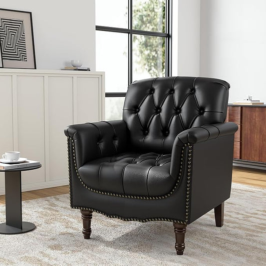 Faux Leather Club Chair, Retro Upholstered Armchair Accent Chair with Solid Wood Legs & Nailhead Trim for Living Room, Bedroom, Reading Room, Black
