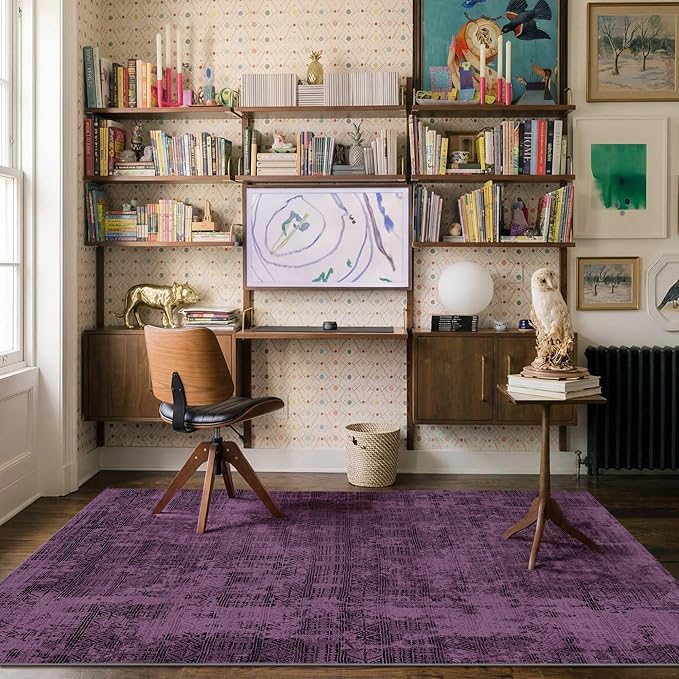 Kokia Abstract 8x10 Area Rugs Living Room Washable Low Pile Non-Slip Indoor Decor Purple Carpet Foldable Stain Resistant Ombre Rugs Bedroom Dining Room, Oslo Plum