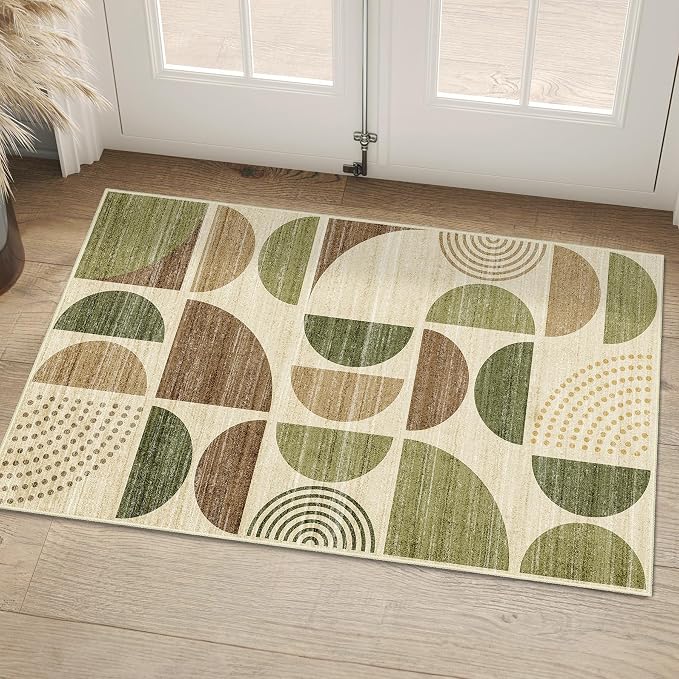 MUJOO Small Rug Washable,2x3 Area Rugs for Entryway Bathroom Entry Entrance Bedroom Kitchen,Front Door Mat Boho Throw Carpet Non Slip Indoor Soft Modern Abstract Vintage Green and Brown