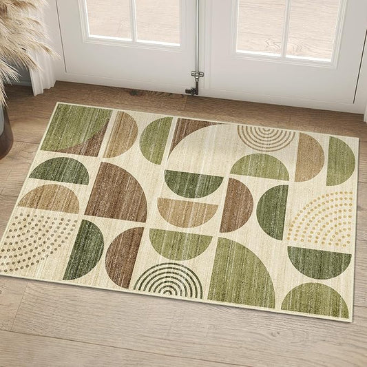 MUJOO Small Rug Washable,2x3 Area Rugs for Entryway Bathroom Entry Entrance Bedroom Kitchen,Front Door Mat Boho Throw Carpet Non Slip Indoor Soft Modern Abstract Vintage Green and Brown