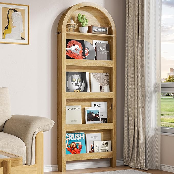 Narrow Tall Wall Mounted Bookshelf for Living Room Bedroom (Light Wood)