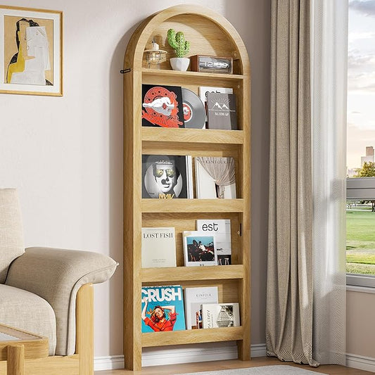 Narrow Tall Wall Mounted Bookshelf for Living Room Bedroom (Light Wood)
