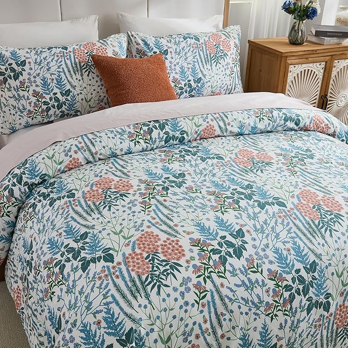 Cozeline 100% Cotton Duvet Cover King Size, Blue and Red Floral Bedding Set with Zipper Closure, 3 Pcs Breathable and Soft Botanical Duvet Cover for All Season