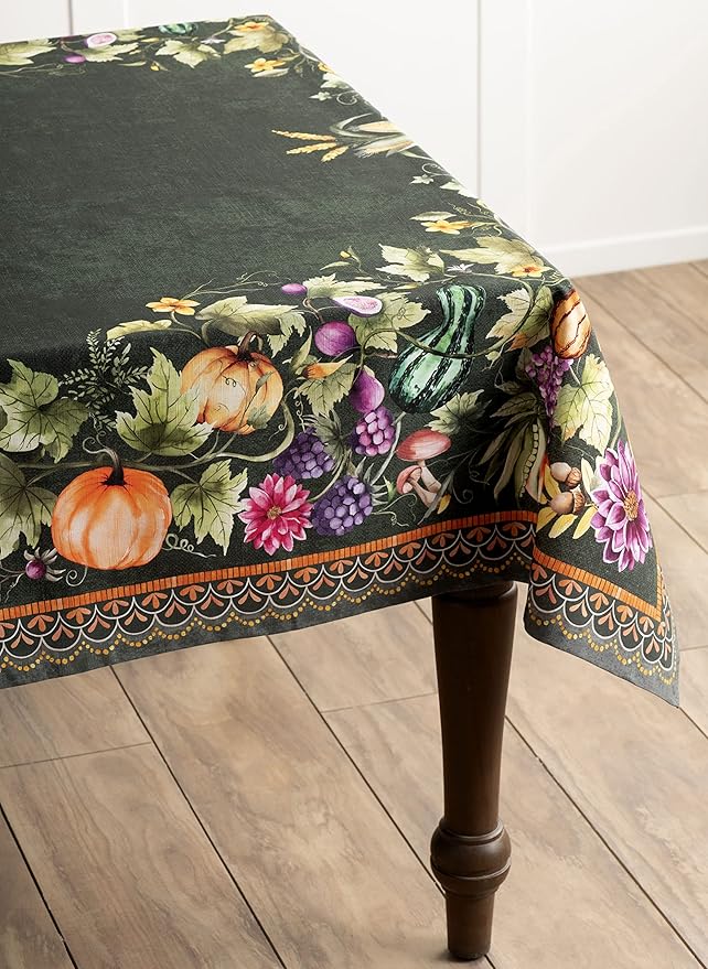 Maison d' Hermine Table Cloth Rectangle Table 100% Cotton 60 x 120 Inches Fall Tablecloth Reusable Everyday Use for Thanksgiving Christmas Decorations Dining Farmhouse (Pumpkin Garden - Dark Green)
