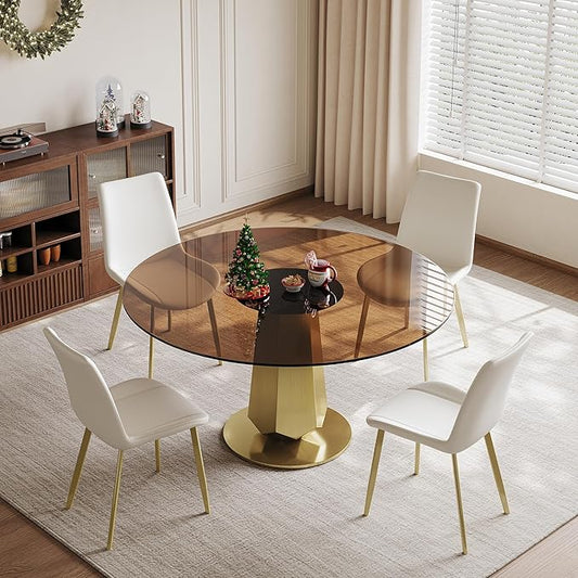 Montary 53 inch Luxury Round Dining Table Set with Smoked Glass Top & Gold Stainless Steel Base, Modern 5-Piece Kitchen Set for 4-8 People, Dining Table with 4 White PU Chairs, Easy Assembly