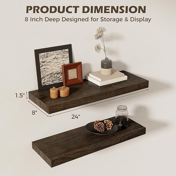 24 Inch Floating Shelves for Wall, 8"D High End Solid Hardwood Shelves for Decor Storage, Rustic Wall Shelves with Invisible Heavy Duty Brackets for Living Room, Kitchen, Bathroom, Walnut, 2 Pack