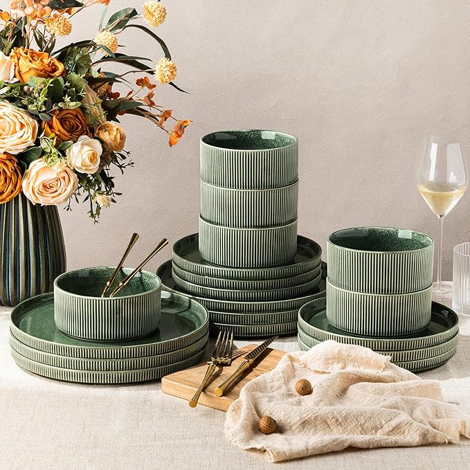 GBHOME 18-Piece Stoneware Dinnerware Set for 6 – Ribbed Ceramic Plates and Bowls, Scratch-Resistant, Microwave & Dishwasher Safe, Reactive Glaze, Dark Green
