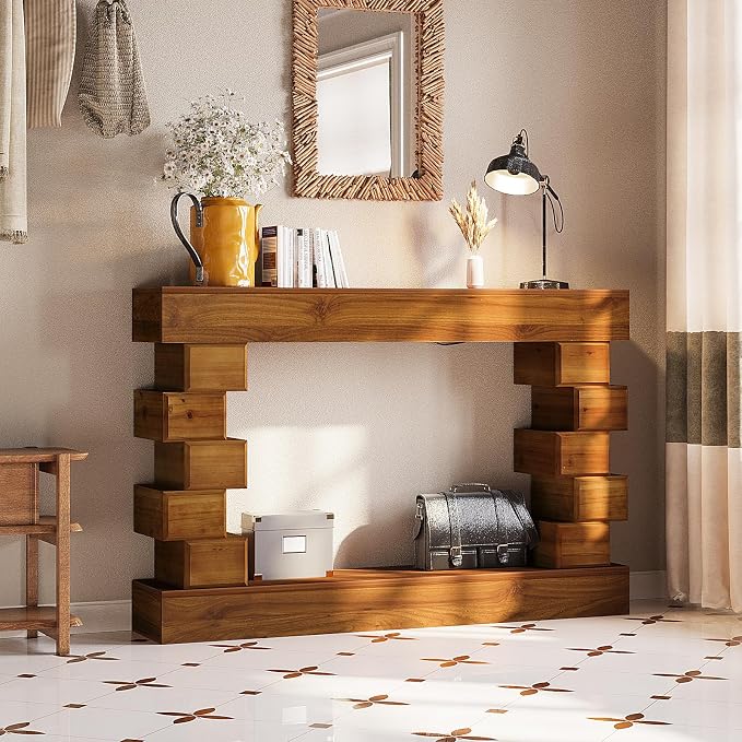 Wood Console Table, 47.24" Retro Long Boho Sofa Table Behind Couch with Geometric Block Stacked Design, Wooden Narrow Sofa Table Hall Table for Living Room Foyer Entrance Entryway, Brown