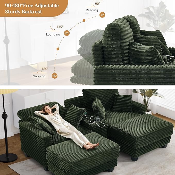 Oversized Chaise Lounge Chair Indoor with Storage & USB, Cup Holder & Ottoman, Firm Solid Wood Frame with Long Service Life Corduroy Oversized Lounge Reading Chair for Large Study Room - Green