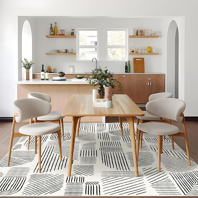 MUJOO 5x7 Washable Area Rug,Mid Century Modern Abstract Non Slip Low Pile Rug,White and Black Rug for Living Room Bedroom Dining Room