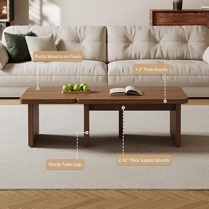 Mid Century Modern Coffee Table for Living Room, Wood Coffee Table with Free Adjustable Shape, Square Living Room Table Minimalist Tea Table, Brown Nesting Table Set of 2