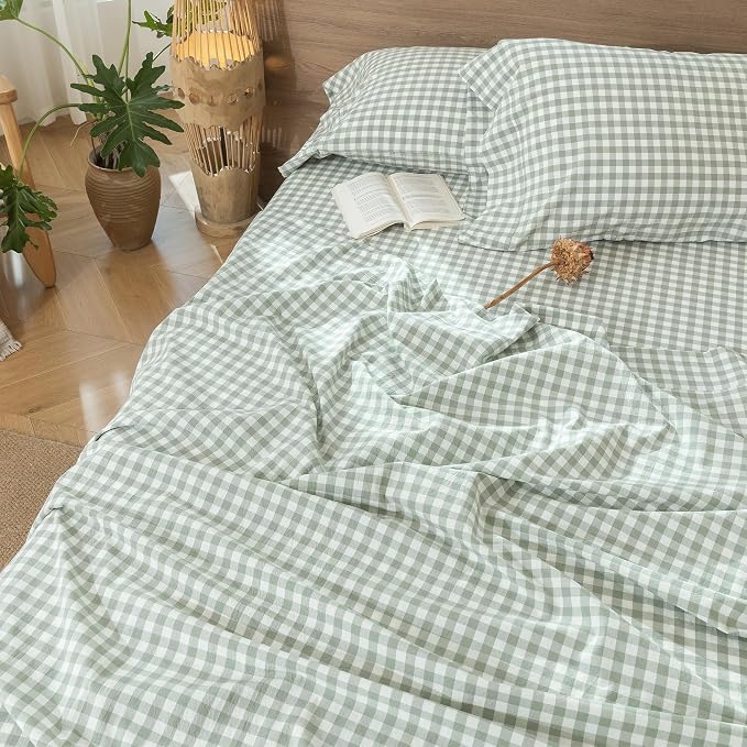 MooMee Gingham Sheet Set 100% Washed Cotton Linen Like Textured Breathable Soft w/Fully Elasticized 16-19" Deep Pocket (Classic Gingham Sage Green, Queen)
