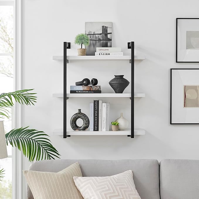 Danya B. Modern 3-Tier Hanging Bracket Wall Shelves in Black Metal and White Birch Finish