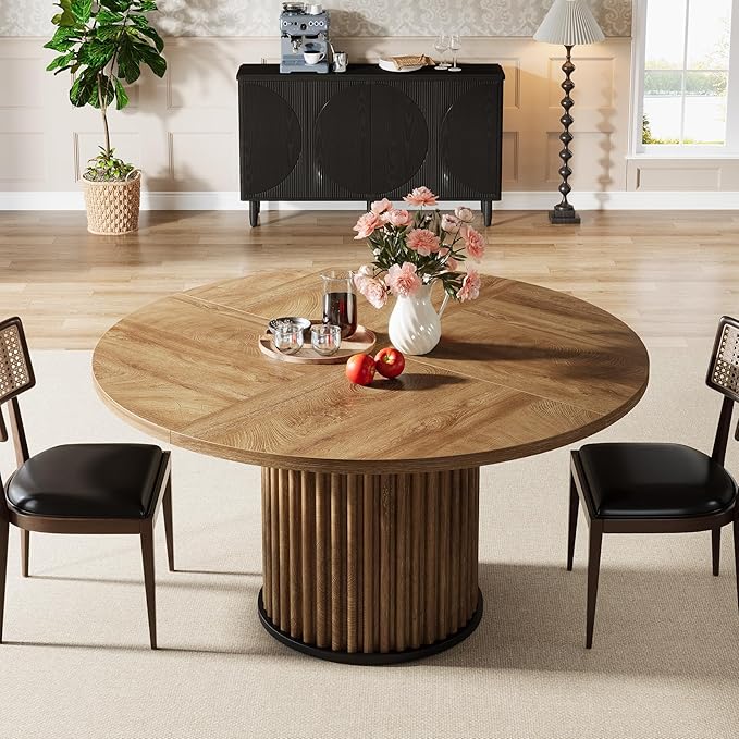 Tribesigns 47.24-Inch Brown Round Dining Table for 4-6 People, Modern Fluted MDF + Metal Base Kitchen Table, Sturdy Circle Dining Room Furniture, Brown
