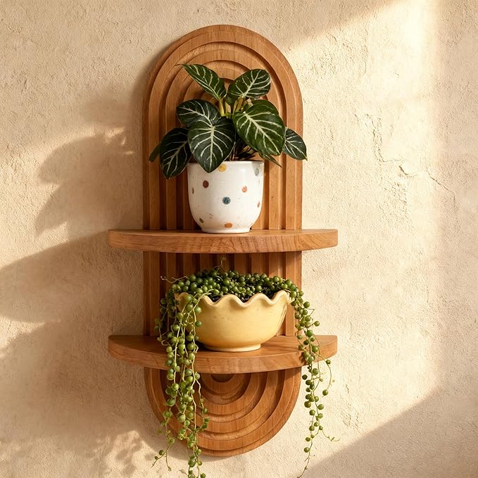 Vintage Arch Plants Wall Shelf Boho Wall Decor 2-Tier Wood Floating Shelves, 16.7"X 9" Modern Wall Mounted Display Shelves, for Home, Living Room, Bedroom, Office Decor (Brown-1pcs)