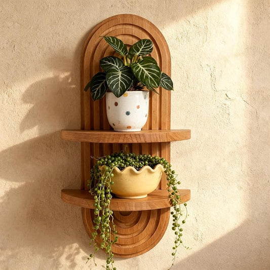 Vintage Arch Plants Wall Shelf Boho Wall Decor 2-Tier Wood Floating Shelves, 16.7"X 9" Modern Wall Mounted Display Shelves, for Home, Living Room, Bedroom, Office Decor (Brown-1pcs)