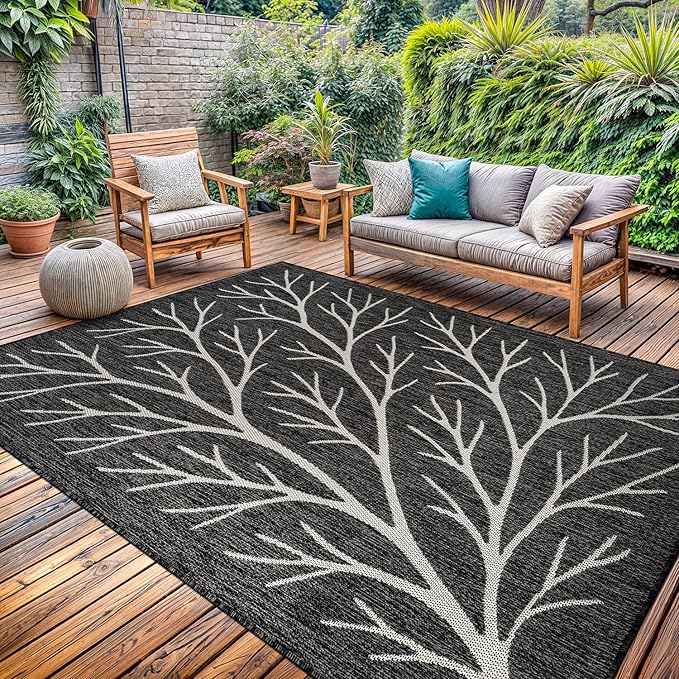 Washable Indoor Outdoor Rug 6x9 Modern Area Rugs Branch Pattern Non Shedding Waterproof Easy Clean Patio Deck Porch Living Room Bedroom Garden RV (6 X 9 Dark Gray)